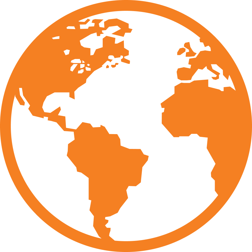 A globe graphic in orange